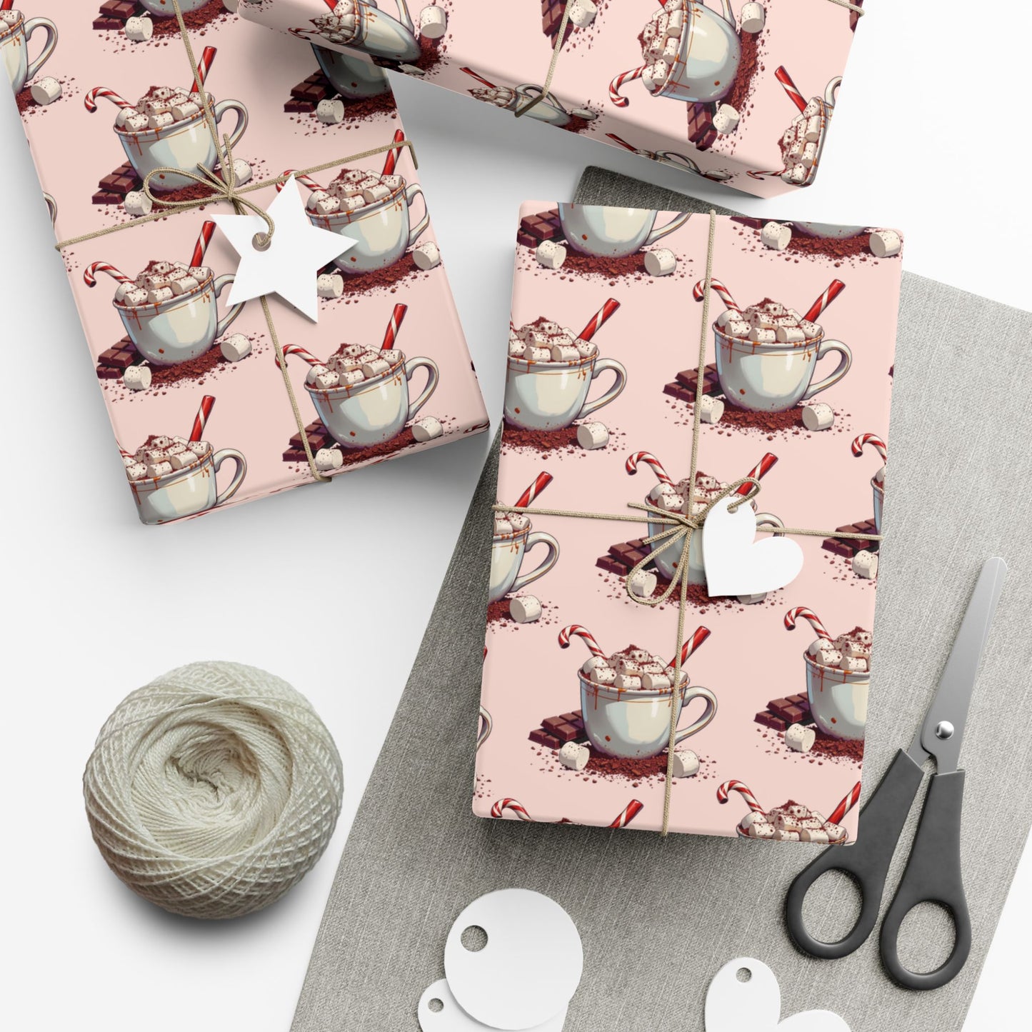Tea Cup Pattern Gift Wrap Paper — Pink Hot Cocoa & Candy Cane Holiday Wrapping Paper
