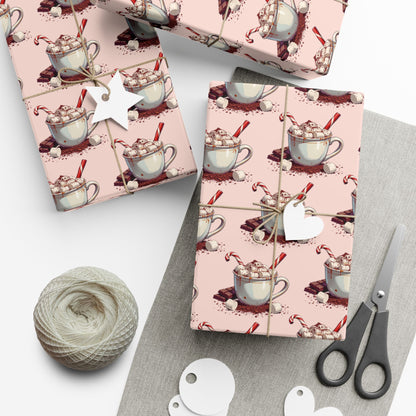 Tea Cup Pattern Gift Wrap Paper — Pink Hot Cocoa & Candy Cane Holiday Wrapping Paper