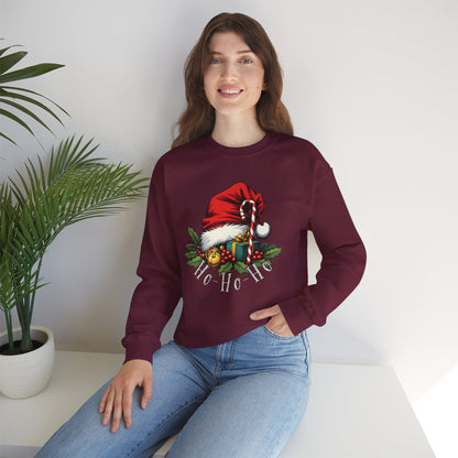 Christmas Sweatshirt - 'Ho-Ho-Ho' Santa Hat & Holly Holiday Crewneck