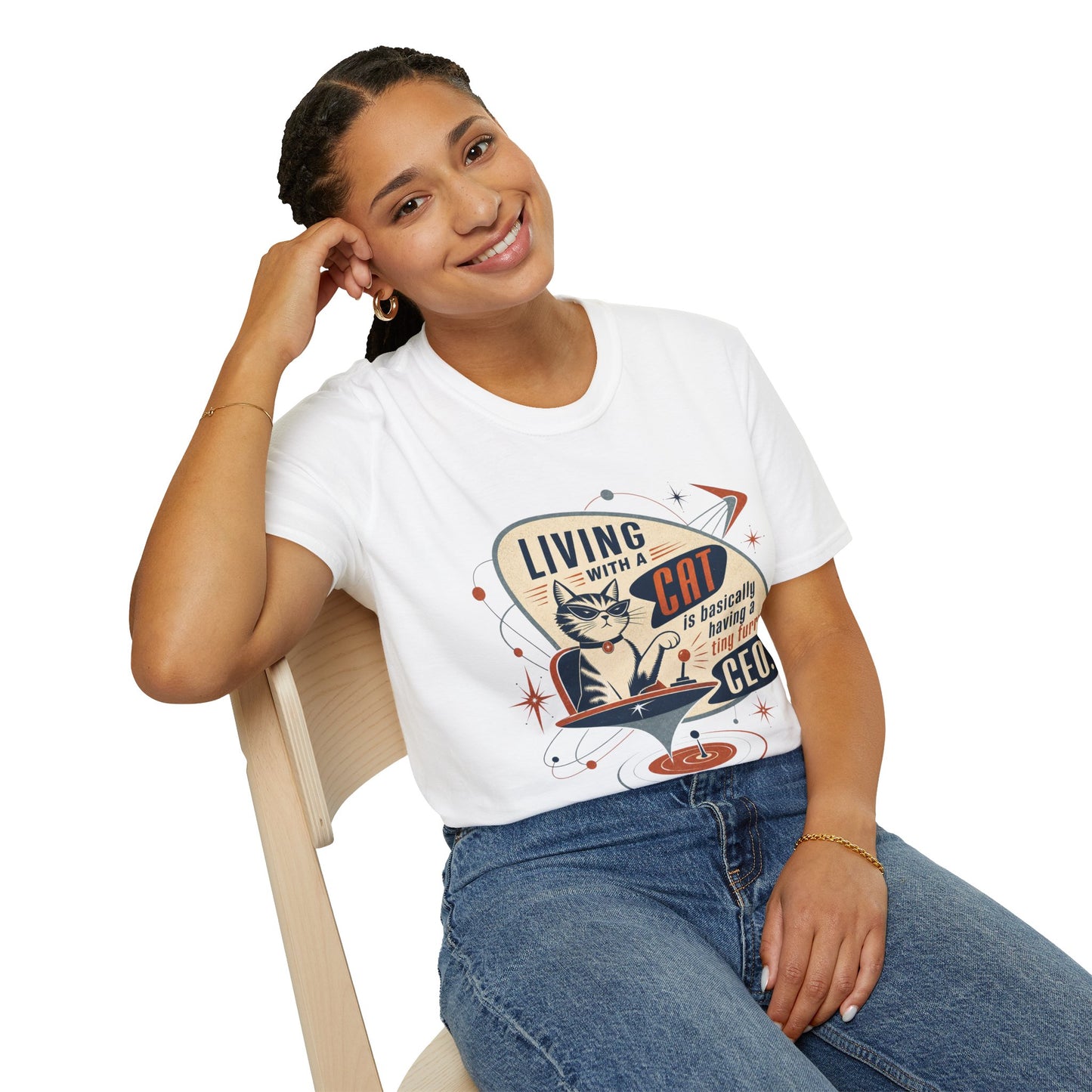 Cat T-Shirt — "Living with a Cat is Basically Having a Furry CEO" Retro Graphic