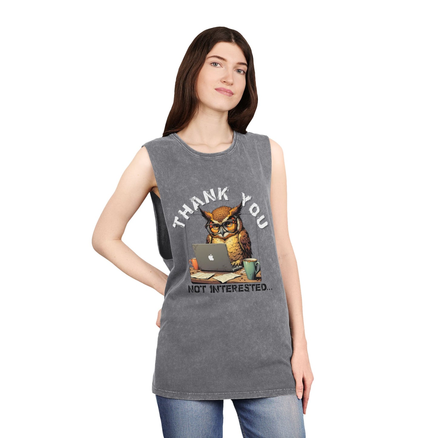 Thank You, Not Interested Tank Top — Funny Owl Laptop Graphic Stonewash Tank