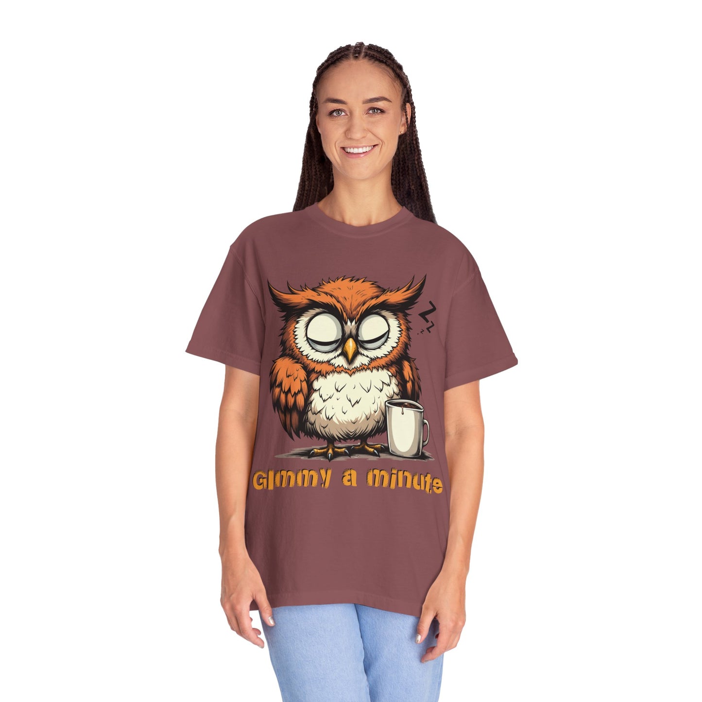 Sleepy Owl Coffee T-Shirt — "Gimme a Minute" Cute Morning Tee