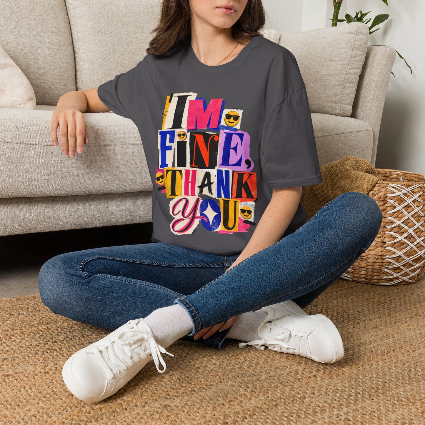 T-Shirt — "I'M FINE, THANK YOU" Retro Collage Graphic Tee