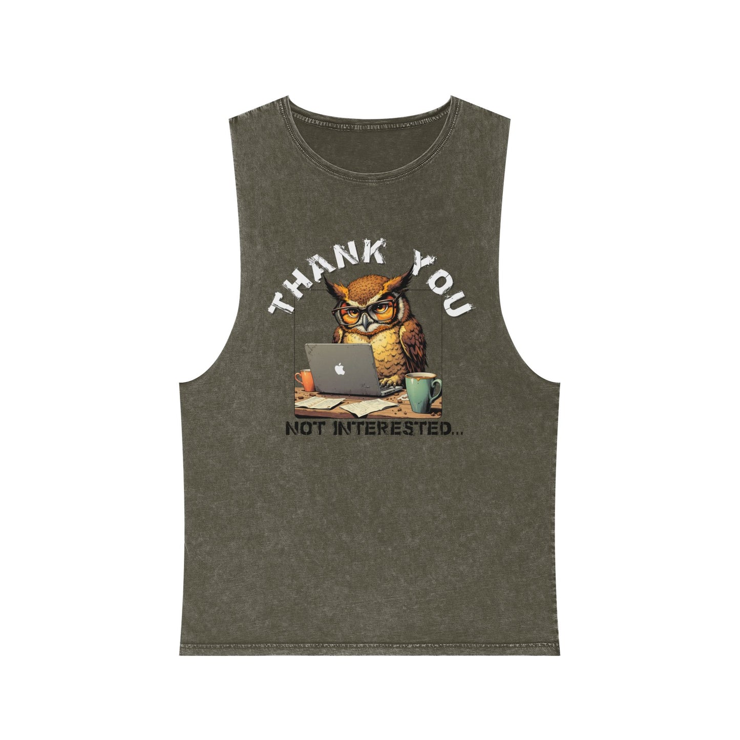 Thank You, Not Interested Tank Top — Funny Owl Laptop Graphic Stonewash Tank
