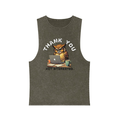 Thank You, Not Interested Tank Top — Funny Owl Laptop Graphic Stonewash Tank