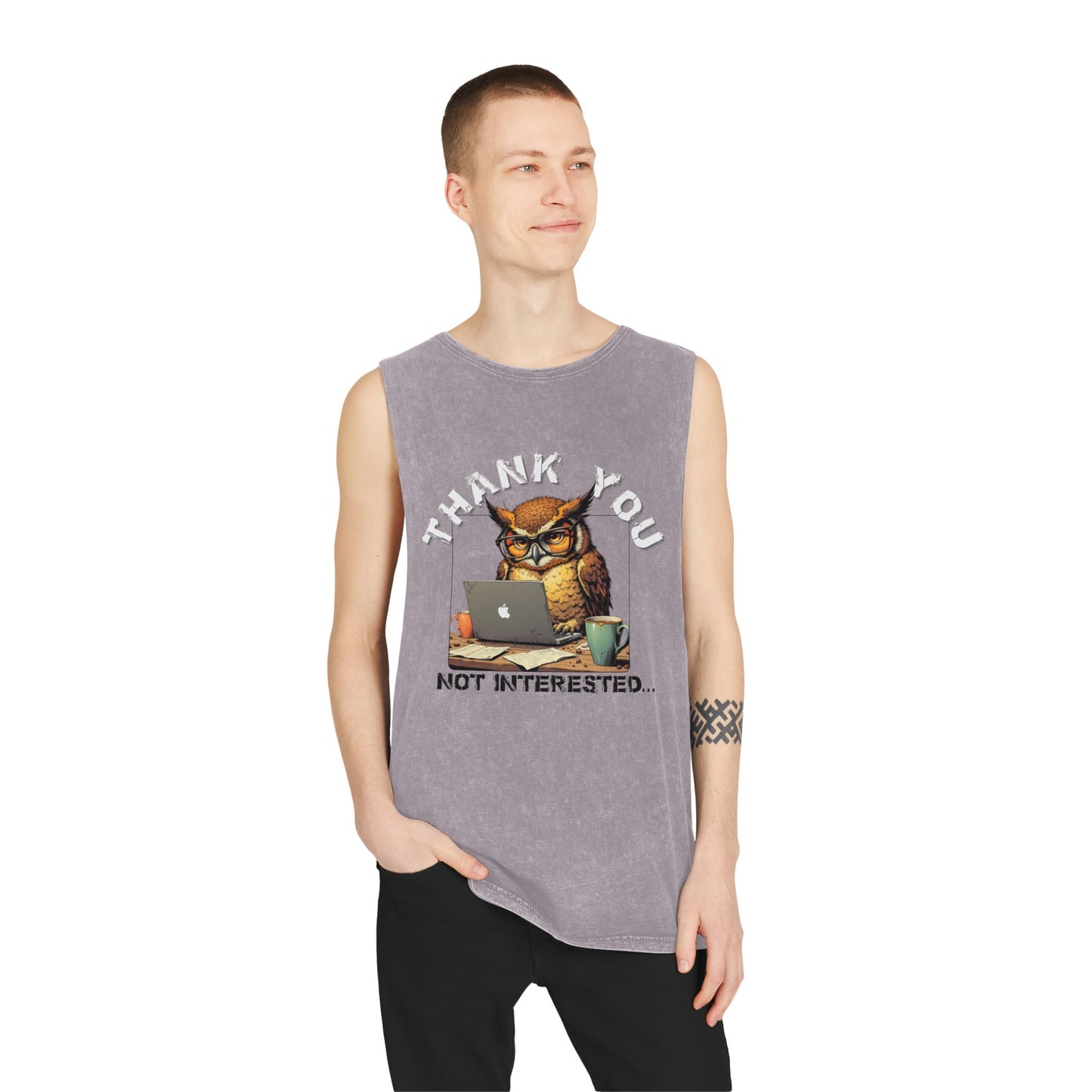 Thank You, Not Interested Tank Top — Funny Owl Laptop Graphic Stonewash Tank