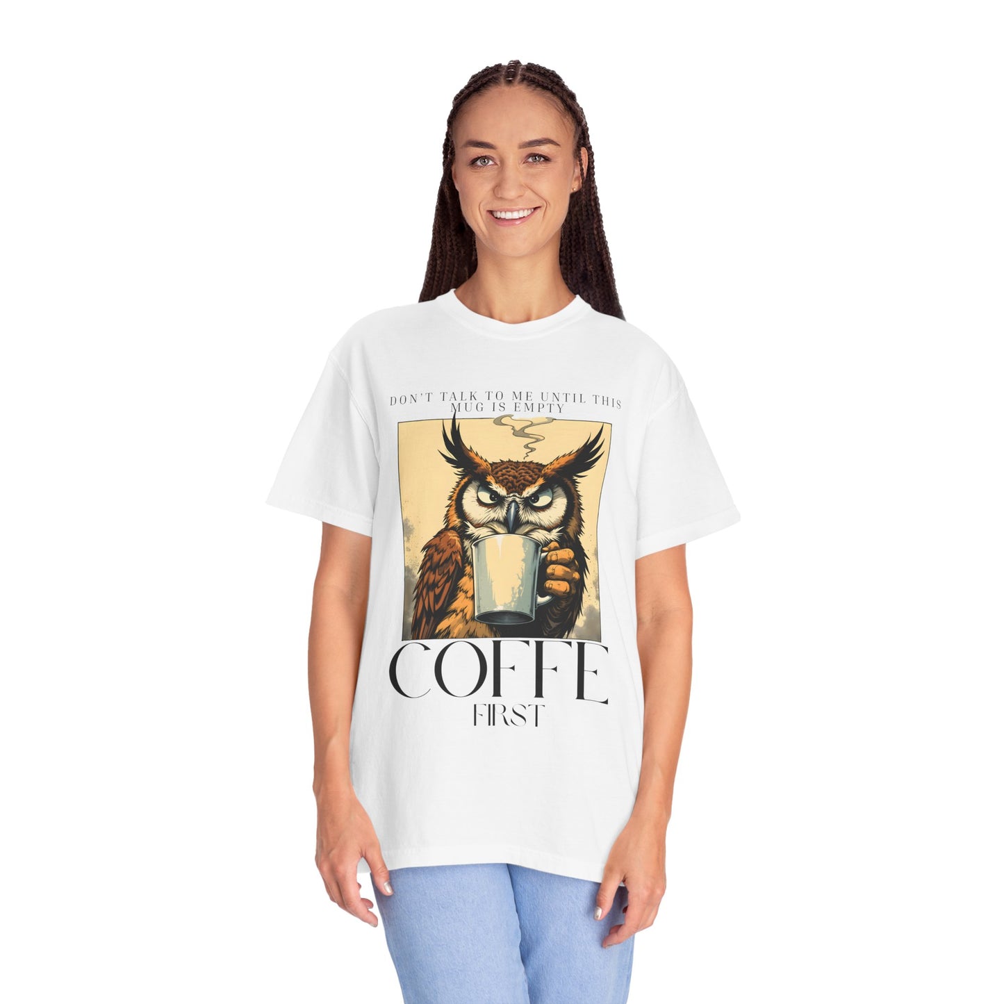 Coffee First Owl T-Shirt — Vintage Coffee Lover Graphic Tee
