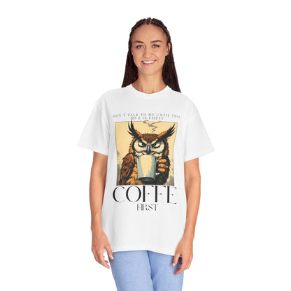 Coffee First Owl T-Shirt — Vintage Coffee Lover Graphic Tee
