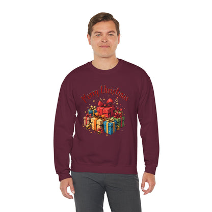Christmas Crewneck Sweatshirt — "Merry Christmas" with Festive Gift Pile