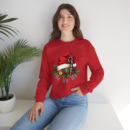 Christmas Sweatshirt - 'Ho-Ho-Ho' Santa Hat & Holly Holiday Crewneck