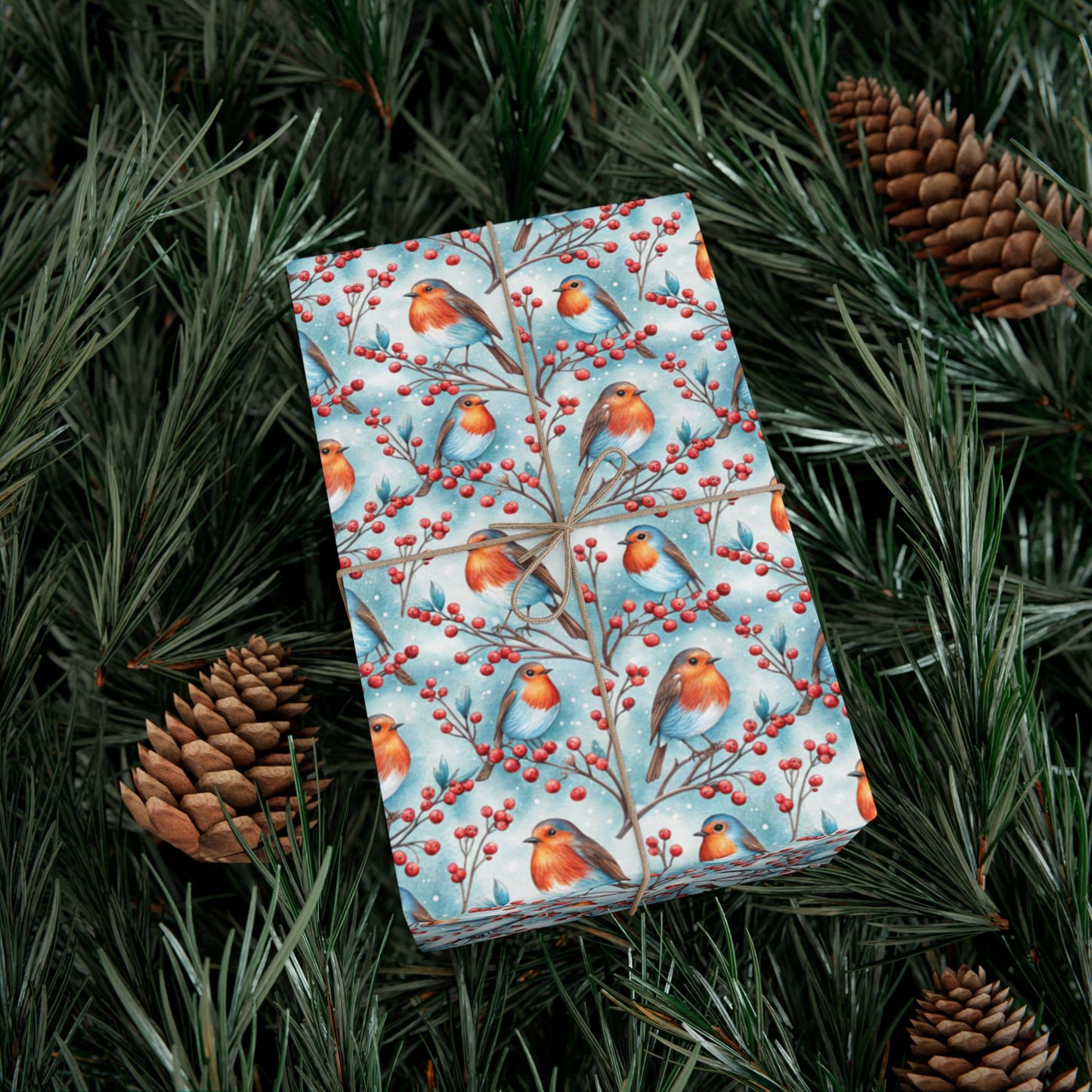 Robin & Berries Gift Wrap Paper — Winter Holiday Wrapping Sheets