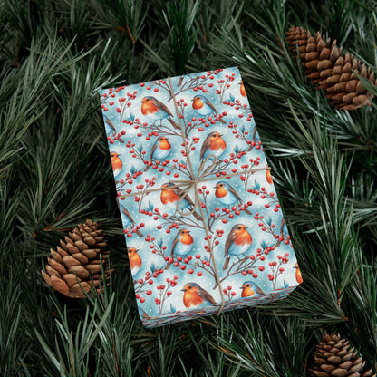 Robin & Berries Gift Wrap Paper — Winter Holiday Wrapping Sheets