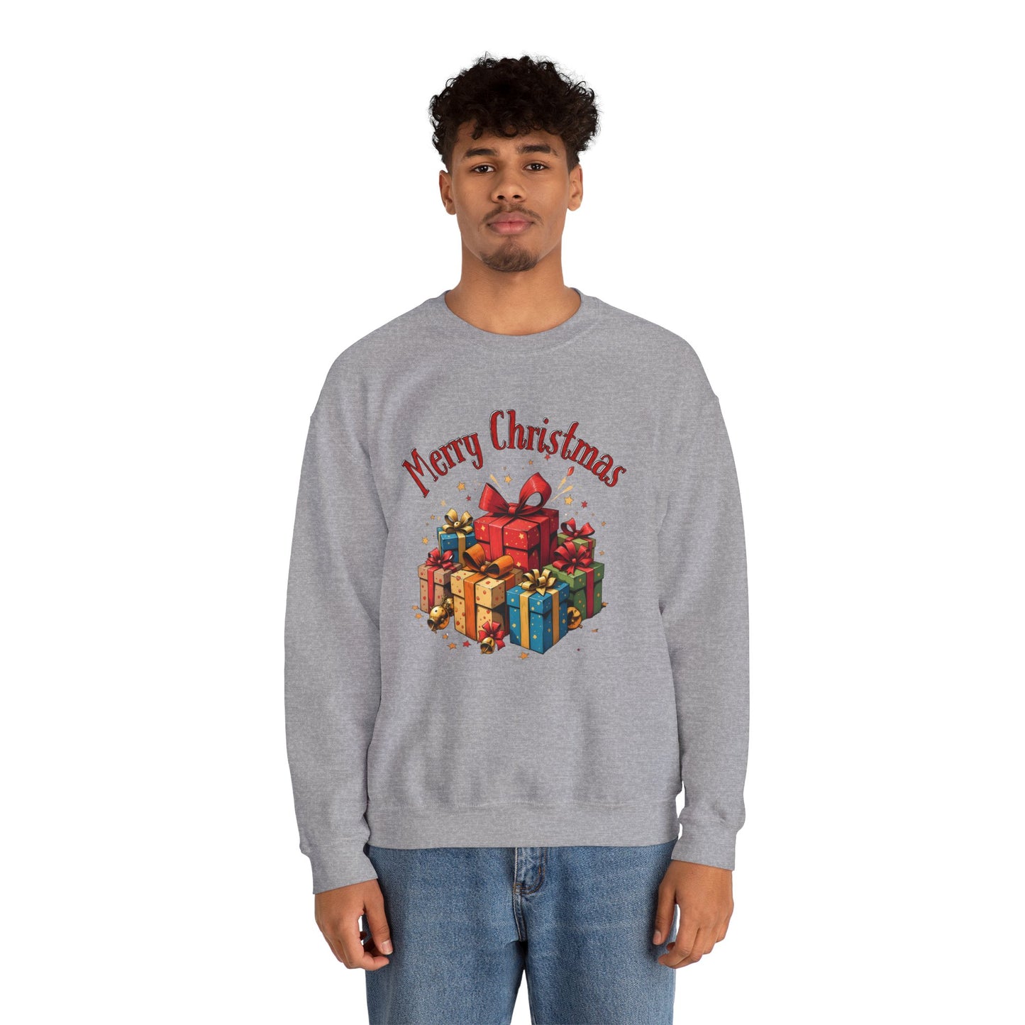 Christmas Crewneck Sweatshirt — "Merry Christmas" with Festive Gift Pile
