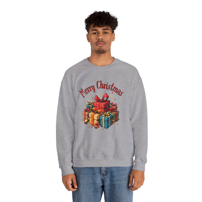 Christmas Crewneck Sweatshirt — "Merry Christmas" with Festive Gift Pile