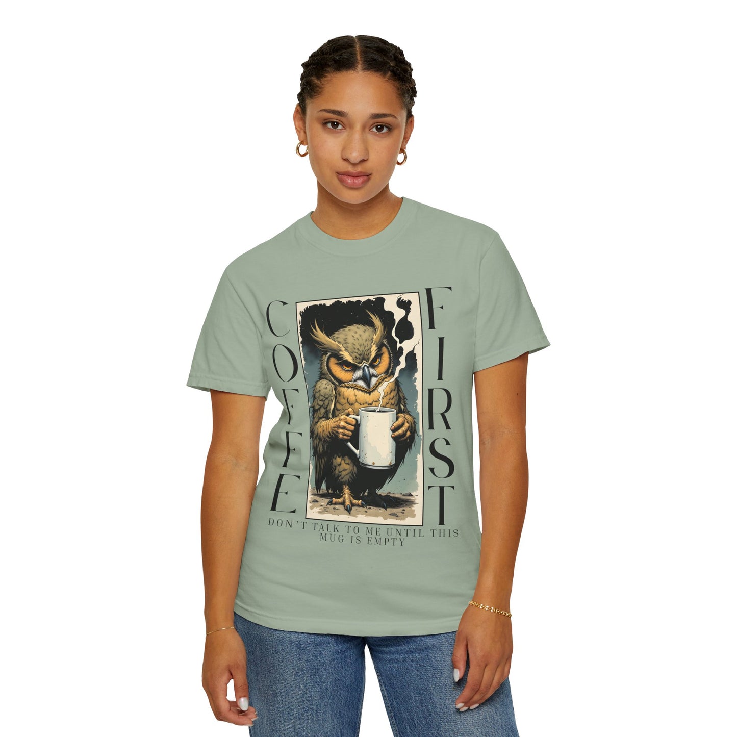 Coffee First Owl T-Shirt — Vintage Owl Holding  Graphic Tee