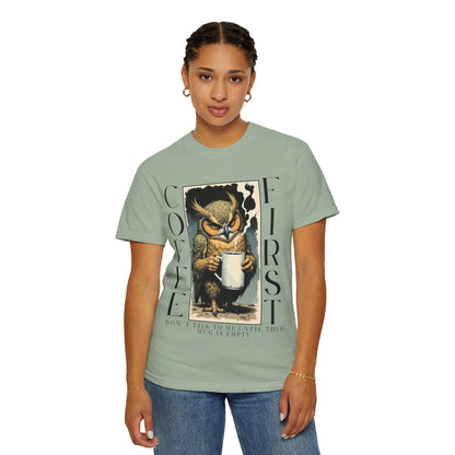 Coffee First Owl T-Shirt — Vintage Owl Holding  Graphic Tee