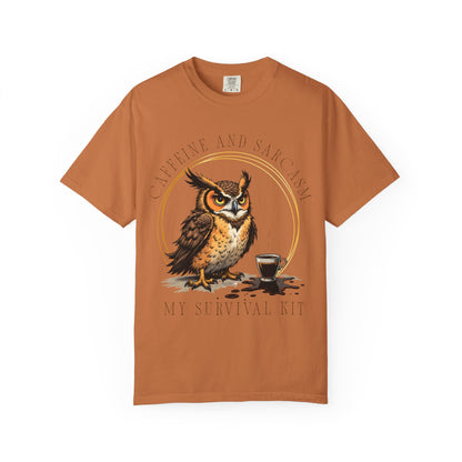 Coffee & Sarcasm Owl T-Shirt — "My Survival Kit" Graphic Tee