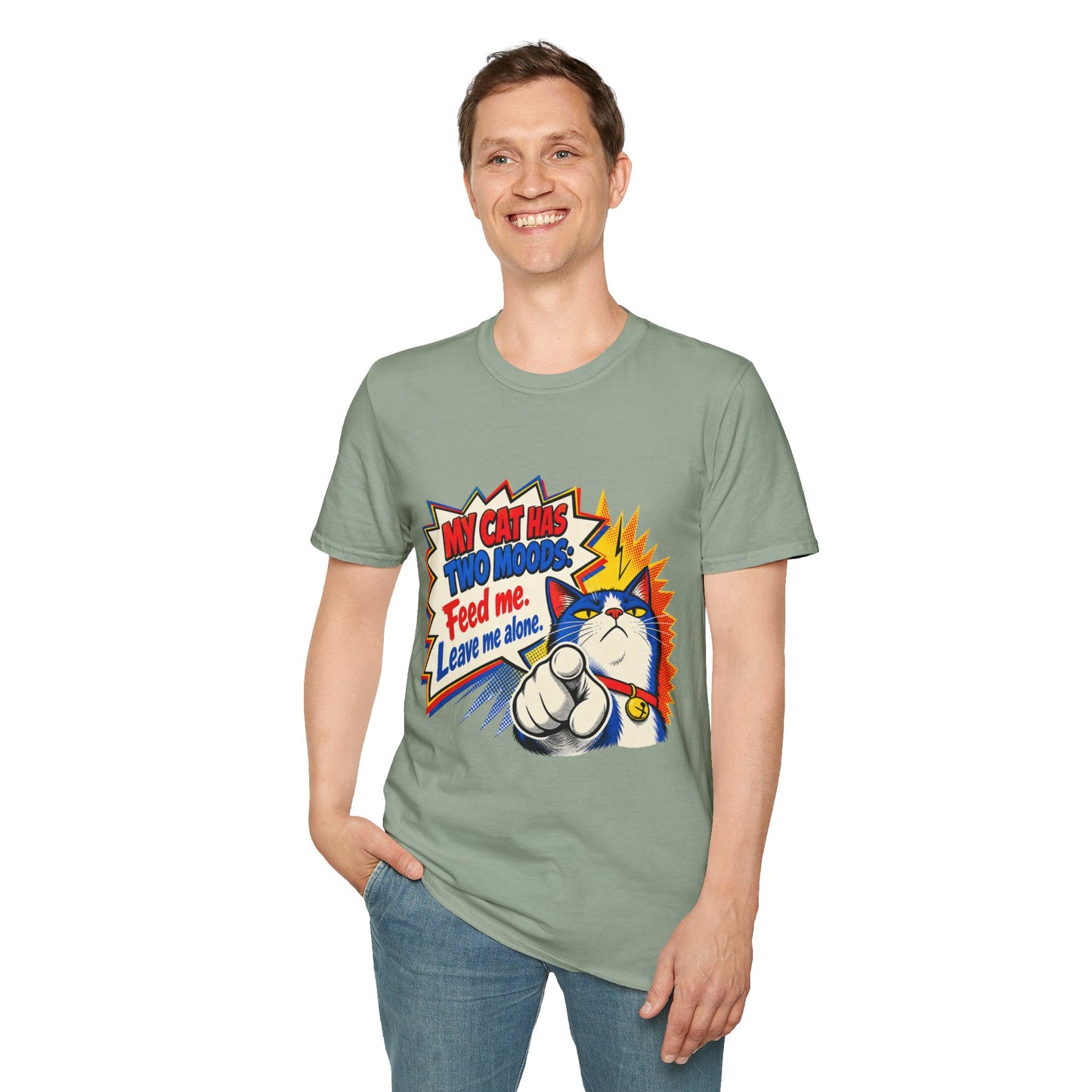 Cat T-Shirt — "My Cat Has Two Moods: Feed Me, Leave Me Alone" Funny Retro Comic Tee