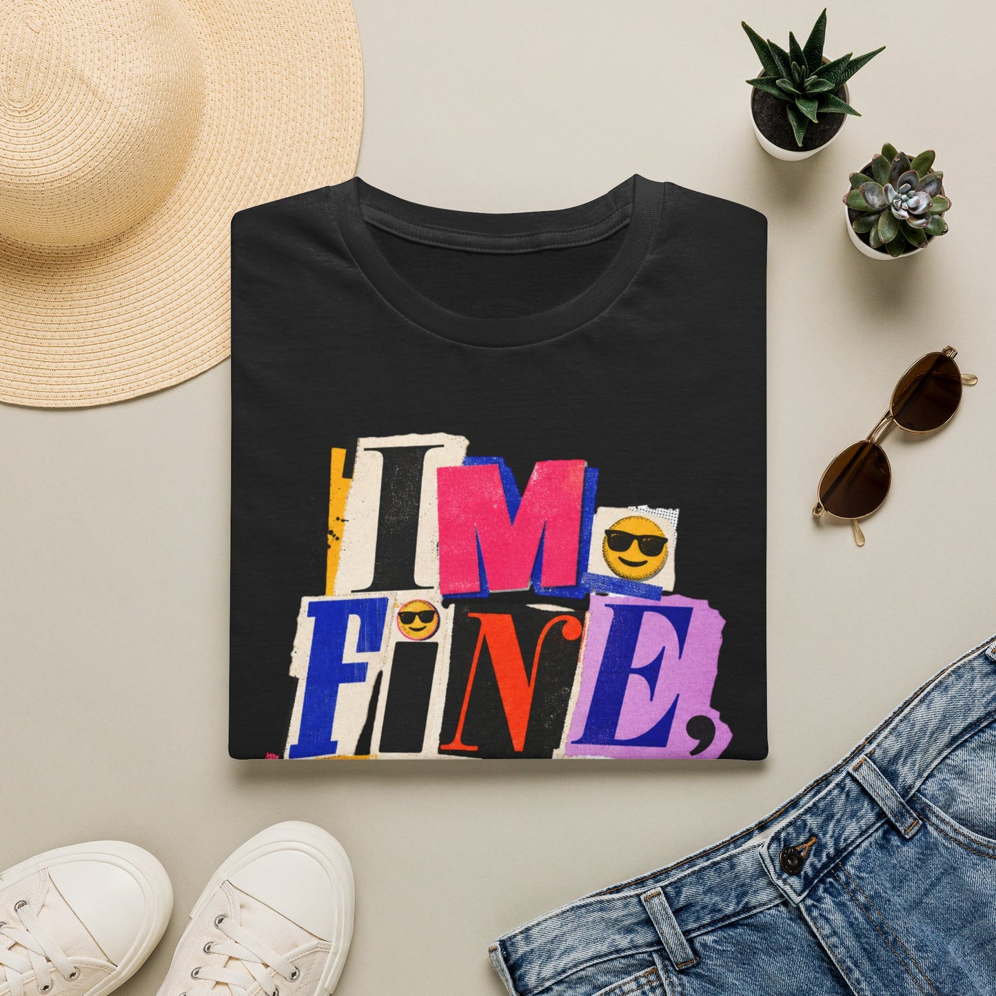 T-Shirt — "I'M FINE, THANK YOU" Retro Collage Graphic Tee