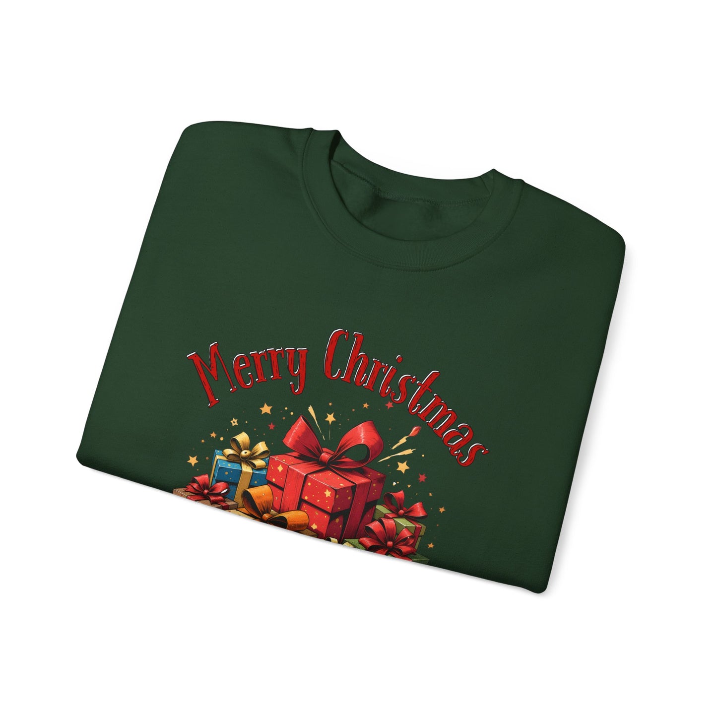 Christmas Crewneck Sweatshirt — "Merry Christmas" with Festive Gift Pile