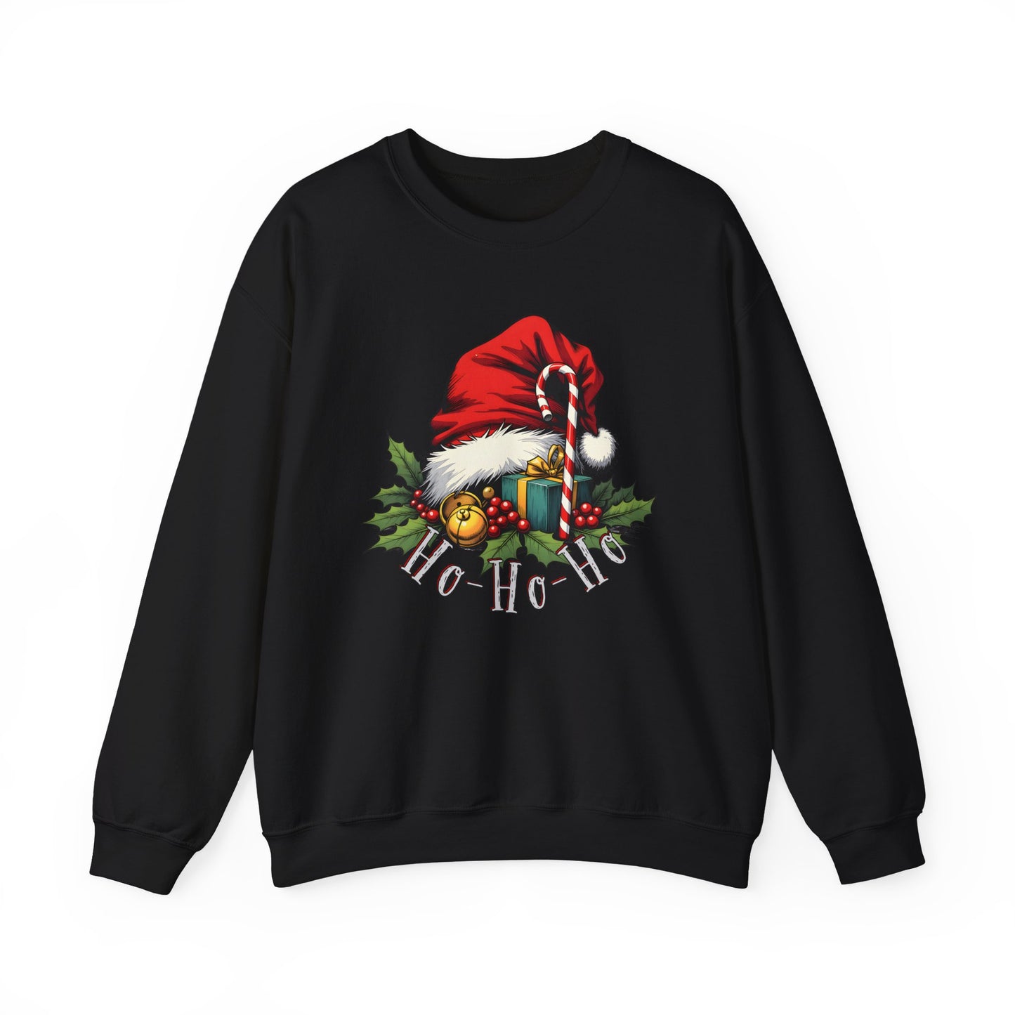 Christmas Sweatshirt - 'Ho-Ho-Ho' Santa Hat & Holly Holiday Crewneck