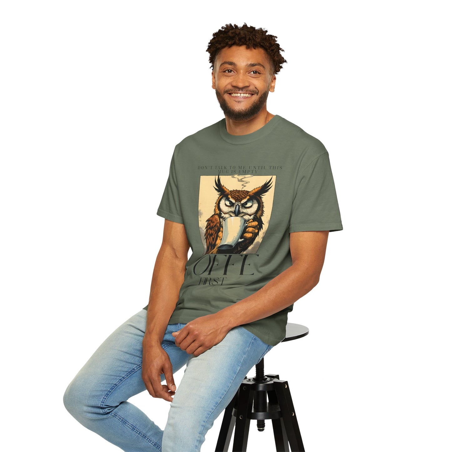 Coffee First Owl T-Shirt — Vintage Coffee Lover Graphic Tee