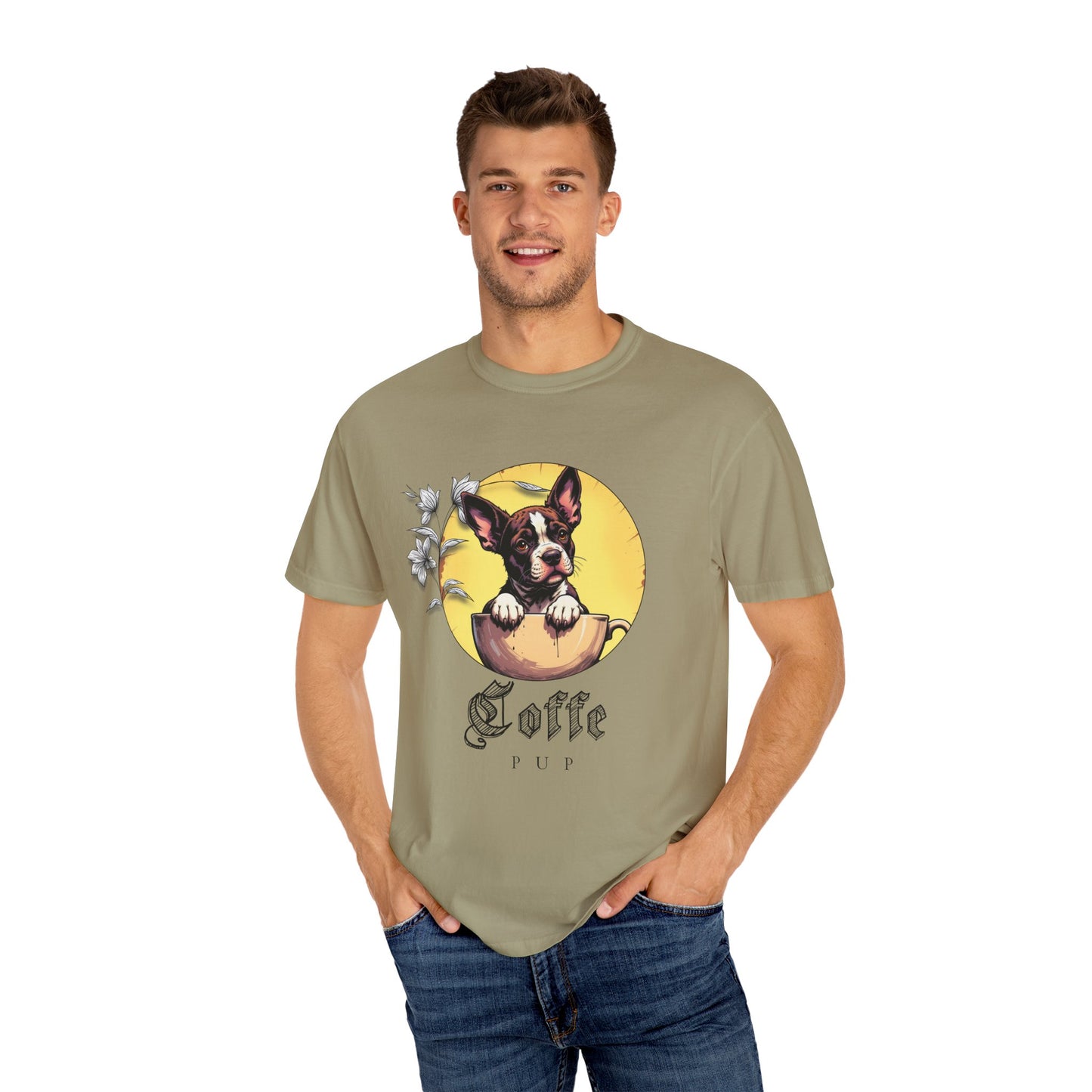 Coffee Pup Unisex Garment-Dyed T-shirt - Cute Dog Lovers Tee