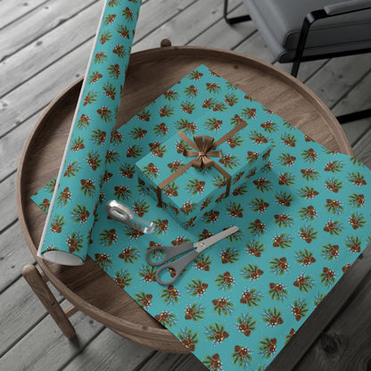 Pinecone Bouquet Gift Wrap - Rustic Teal Holiday Wrapping Paper