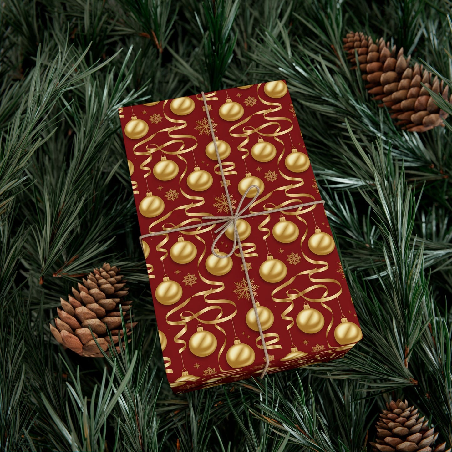 Christmas Gift Wrap Paper - Red & Gold Ornament Pattern, Holiday Wrapping Sheets