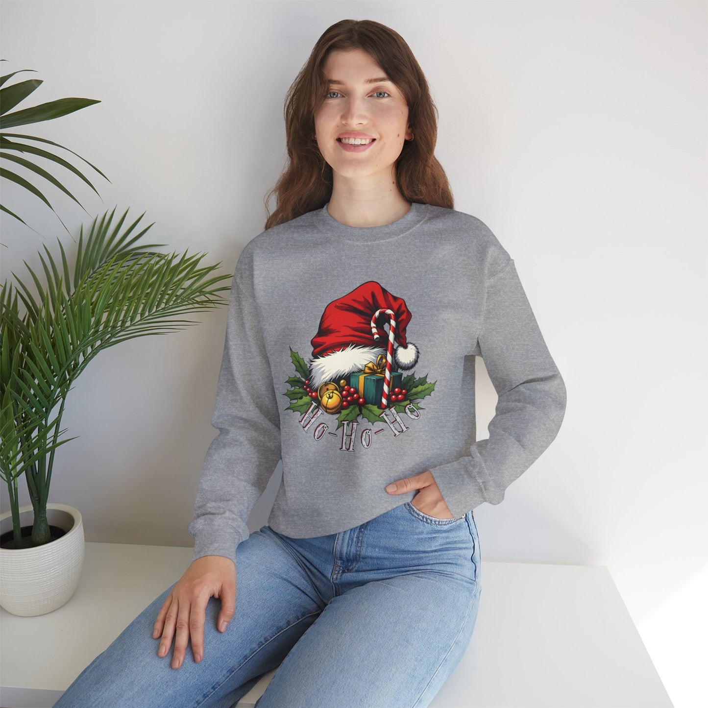 Christmas Sweatshirt - 'Ho-Ho-Ho' Santa Hat & Holly Holiday Crewneck