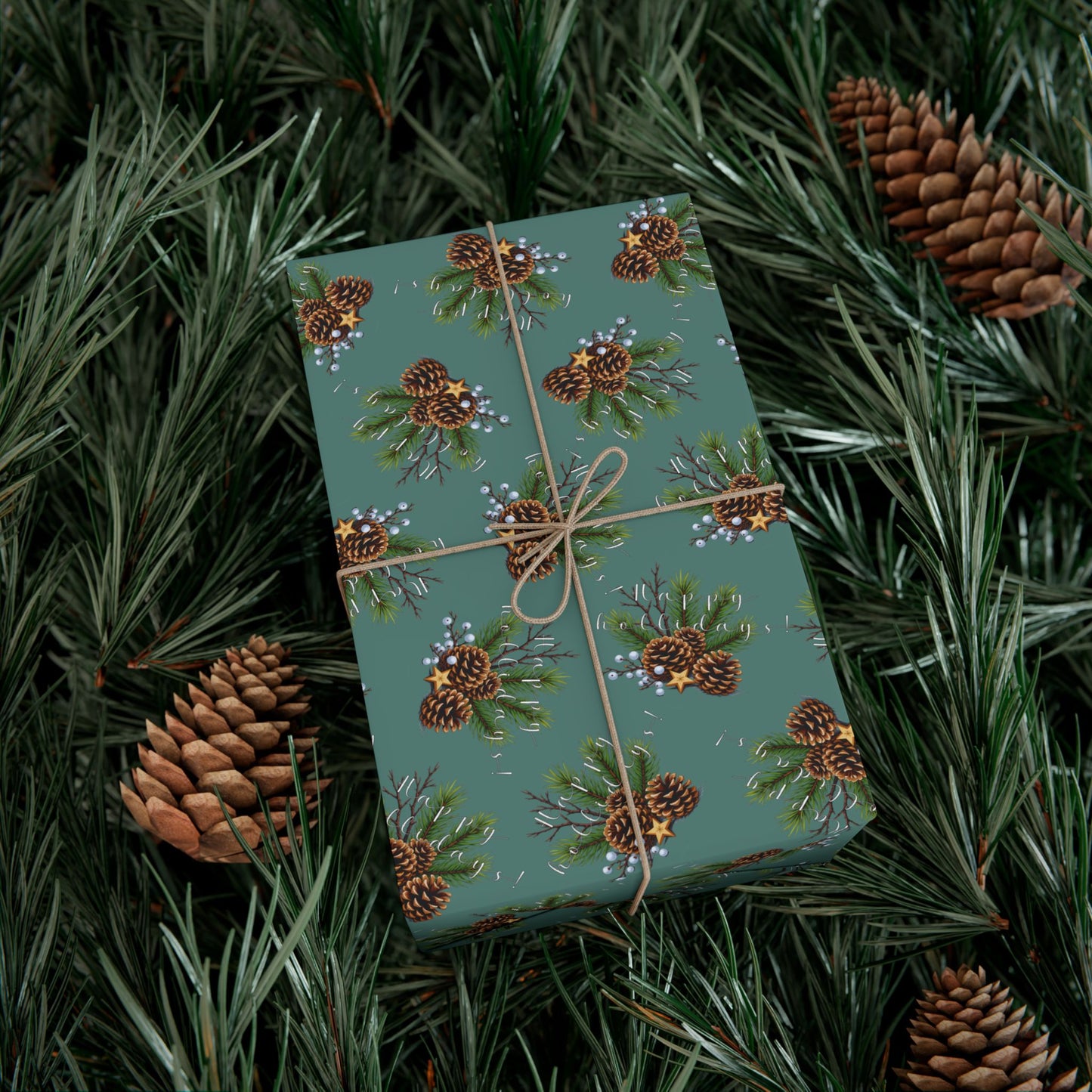 Pinecone & Evergreen Gift Wrap Paper — Holiday Floral Wrapping Sheets