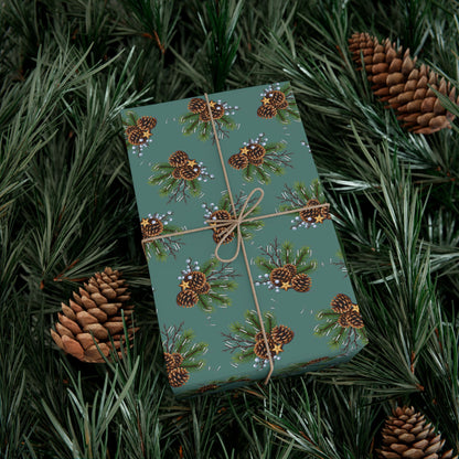 Pinecone & Evergreen Gift Wrap Paper — Holiday Floral Wrapping Sheets
