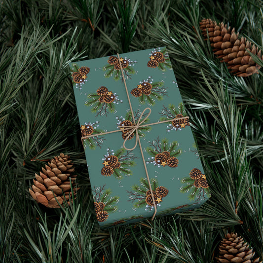Pinecone & Evergreen Gift Wrap Paper — Holiday Floral Wrapping Sheets