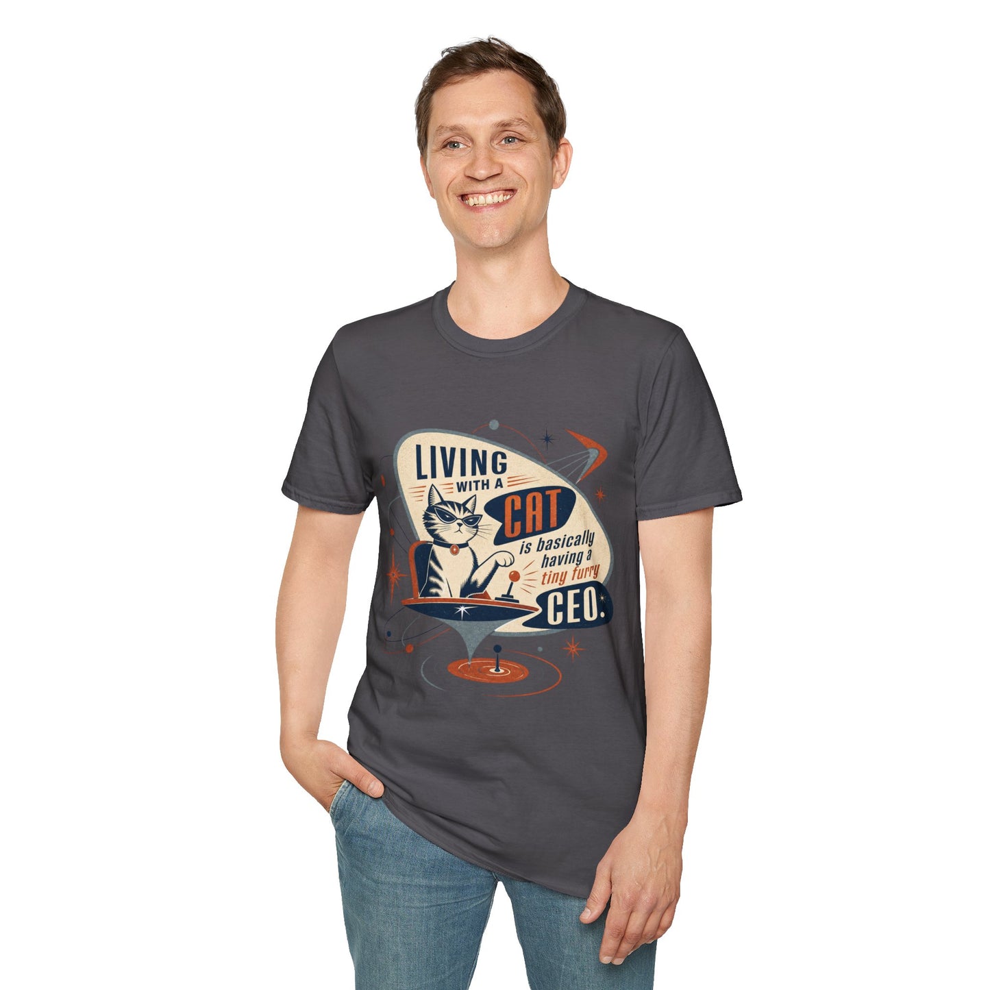 Cat T-Shirt — "Living with a Cat is Basically Having a Furry CEO" Retro Graphic