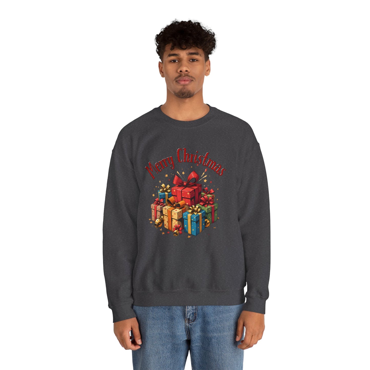 Christmas Crewneck Sweatshirt — "Merry Christmas" with Festive Gift Pile