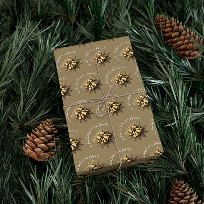 Wrapping Paper - Neutral Kraft Gold Bow Pattern Holiday Gift Wrap