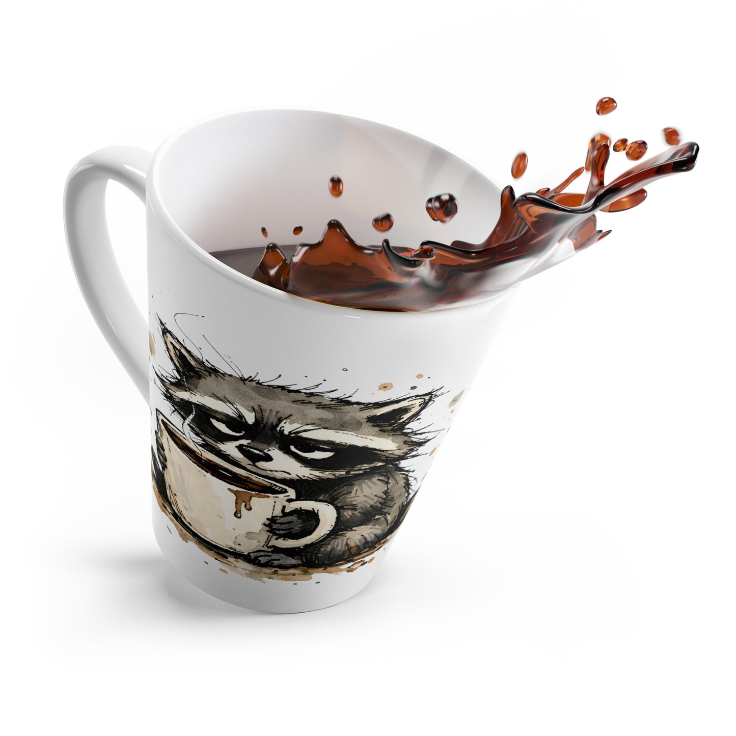 Latte Mug - Watercolor Raccoon Drinking Coffee Ceramic Mug