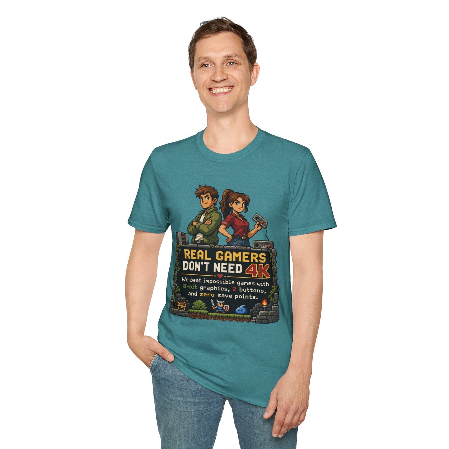 T-Shirt — Retro Pixel 'Real Gamers Don't Need 4K' Graphic Tee