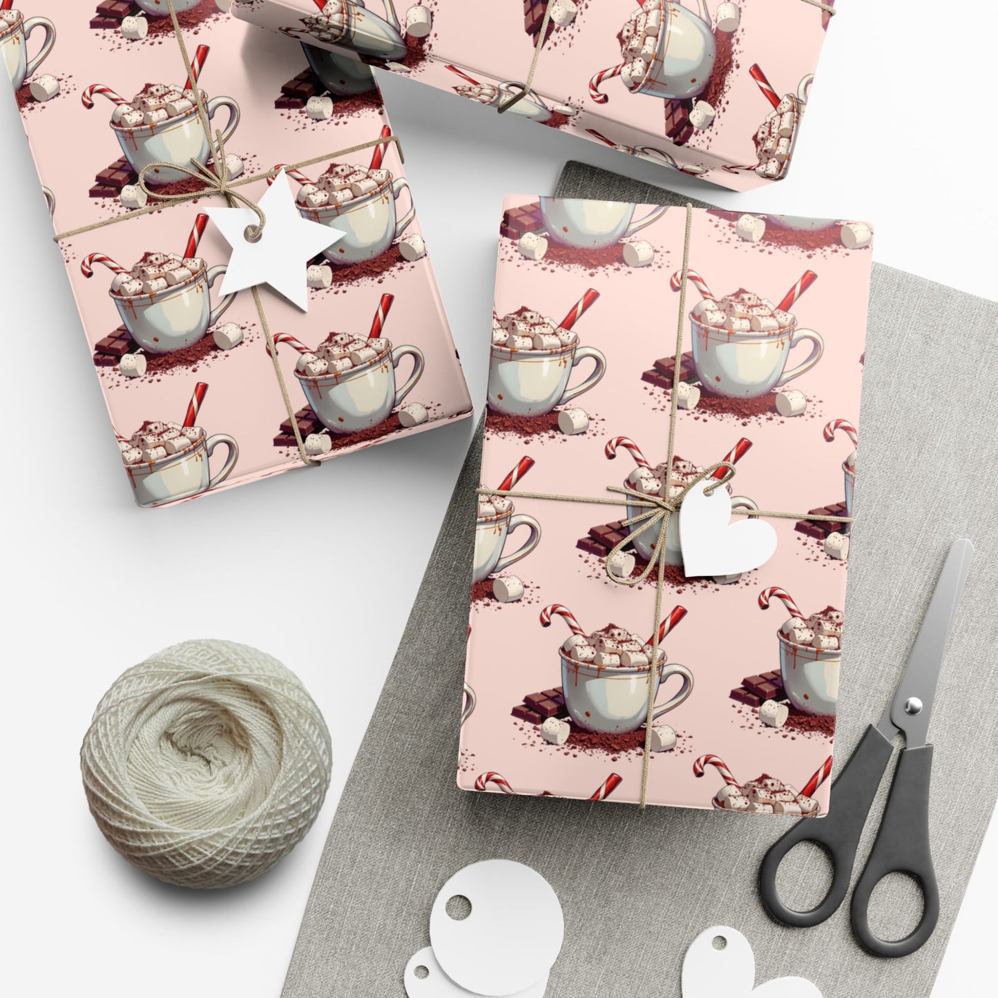 Tea Cup Pattern Gift Wrap Paper — Pink Hot Cocoa & Candy Cane Holiday Wrapping Paper