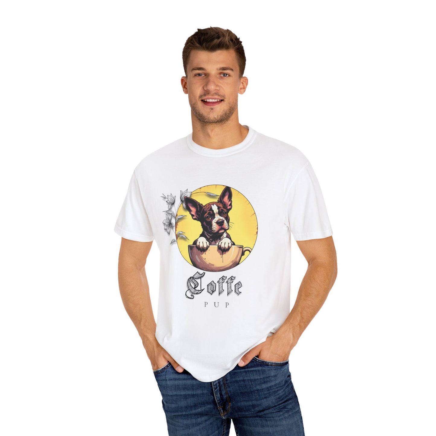 Coffee Pup Unisex Garment-Dyed T-shirt - Cute Dog Lovers Tee