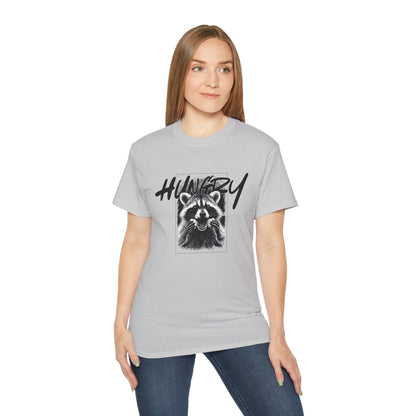 Hungry Raccoon Graphic Tee – Vintage Black & White Animal T-Shirt