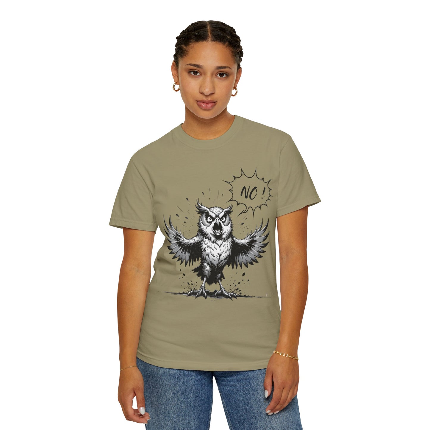 Owl Saying “No” Graphic T-Shirt — Bold Monochrome Illustration