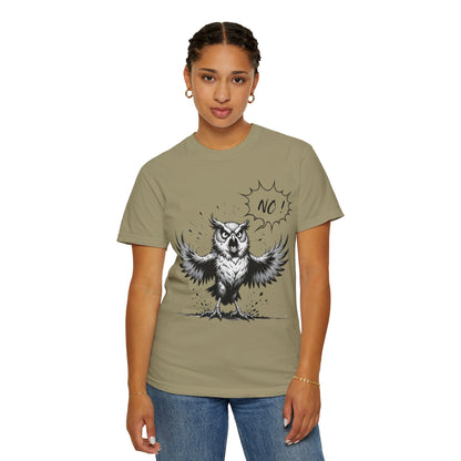 Owl Saying “No” Graphic T-Shirt — Bold Monochrome Illustration