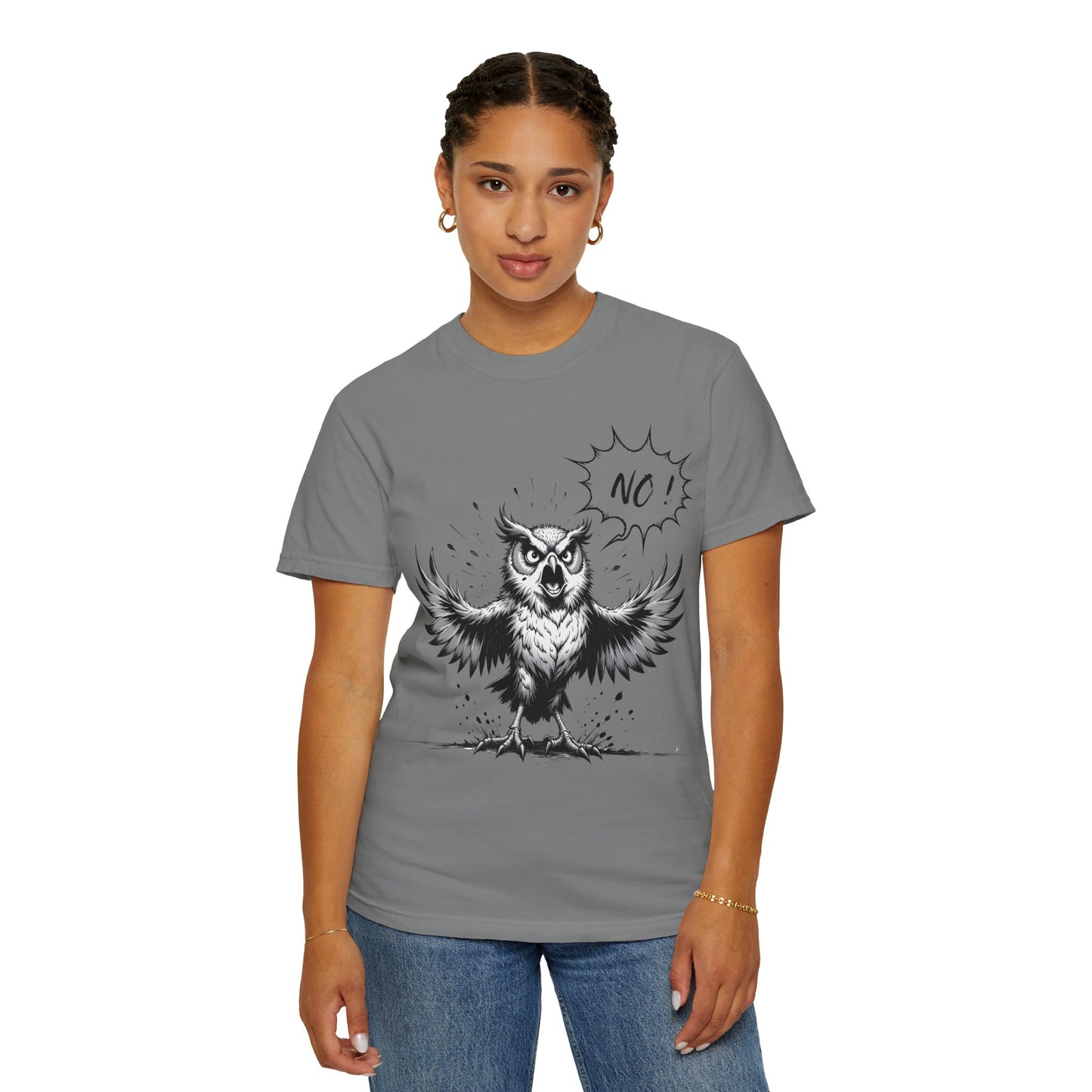 Owl Saying “No” Graphic T-Shirt — Bold Monochrome Illustration