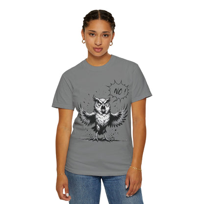 Owl Saying “No” Graphic T-Shirt — Bold Monochrome Illustration
