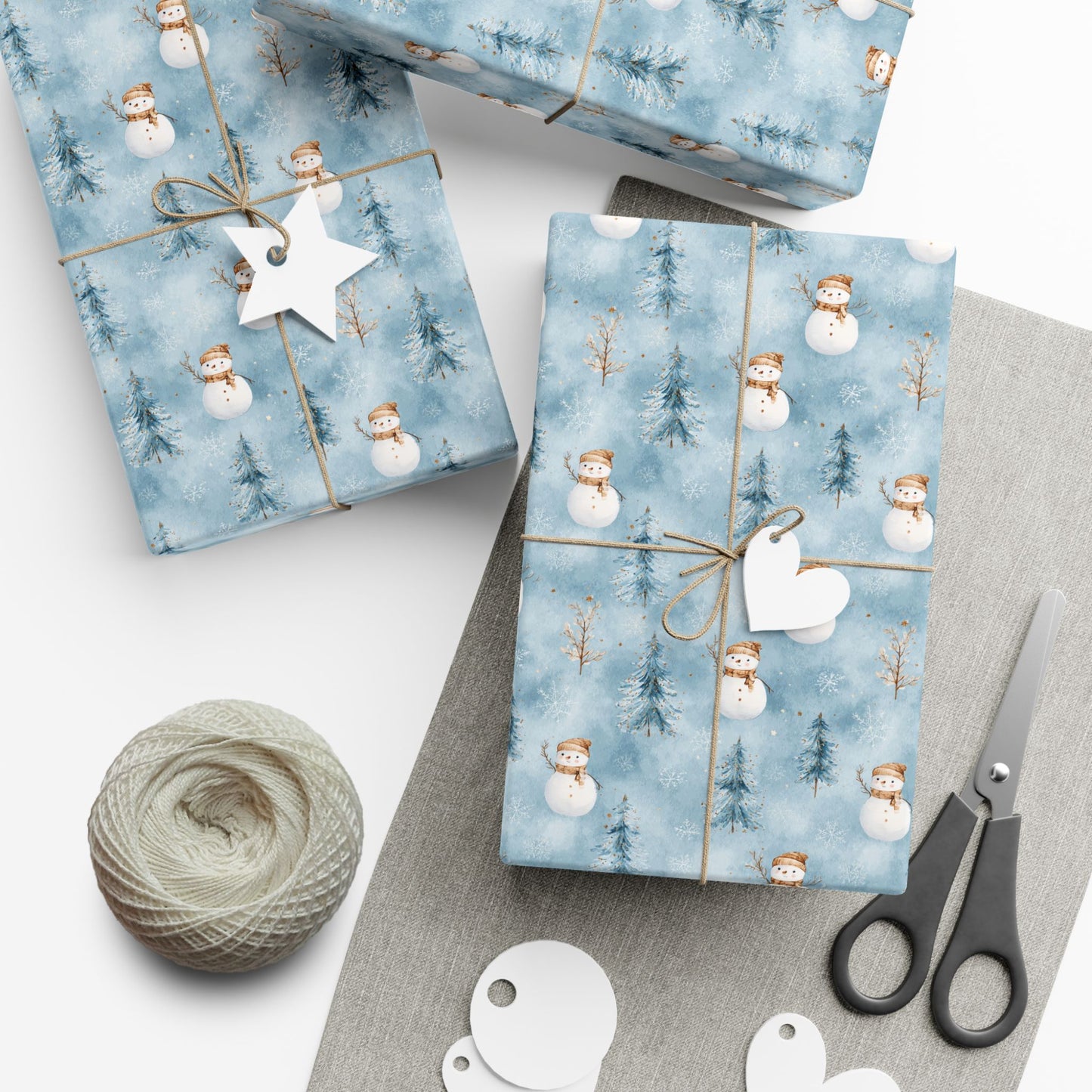 Snowman & Pine Holiday Gift Wrap Paper — Blue Winter Christmas Wrapping Sheets