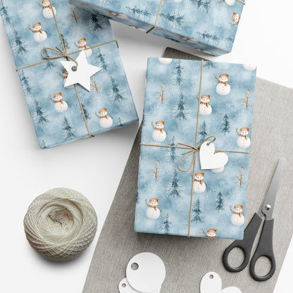 Snowman & Pine Holiday Gift Wrap Paper — Blue Winter Christmas Wrapping Sheets