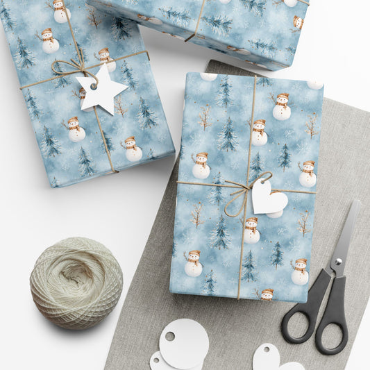 Snowman & Pine Holiday Gift Wrap Paper — Blue Winter Christmas Wrapping Sheets