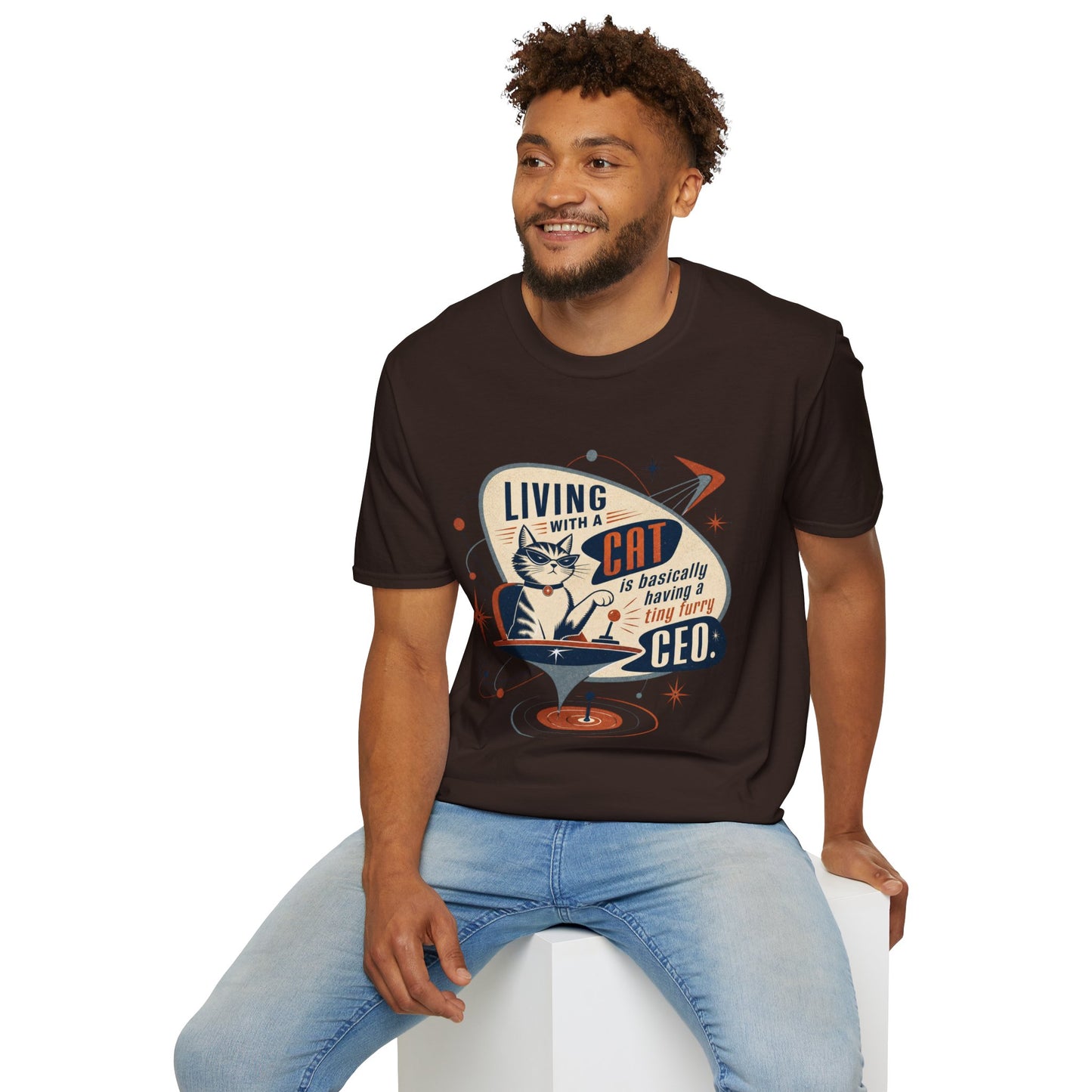 Cat T-Shirt — "Living with a Cat is Basically Having a Furry CEO" Retro Graphic