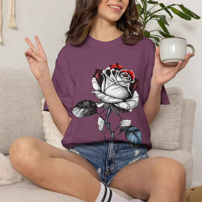 Rose Sketch T-Shirt — Black & Red Botanical Graphic Tee